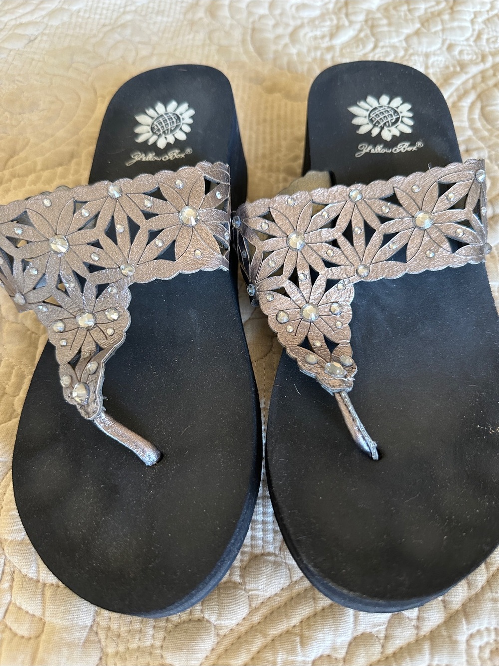 Yellow Box Metallic Taupe Floral Cutout Thong Sandals
